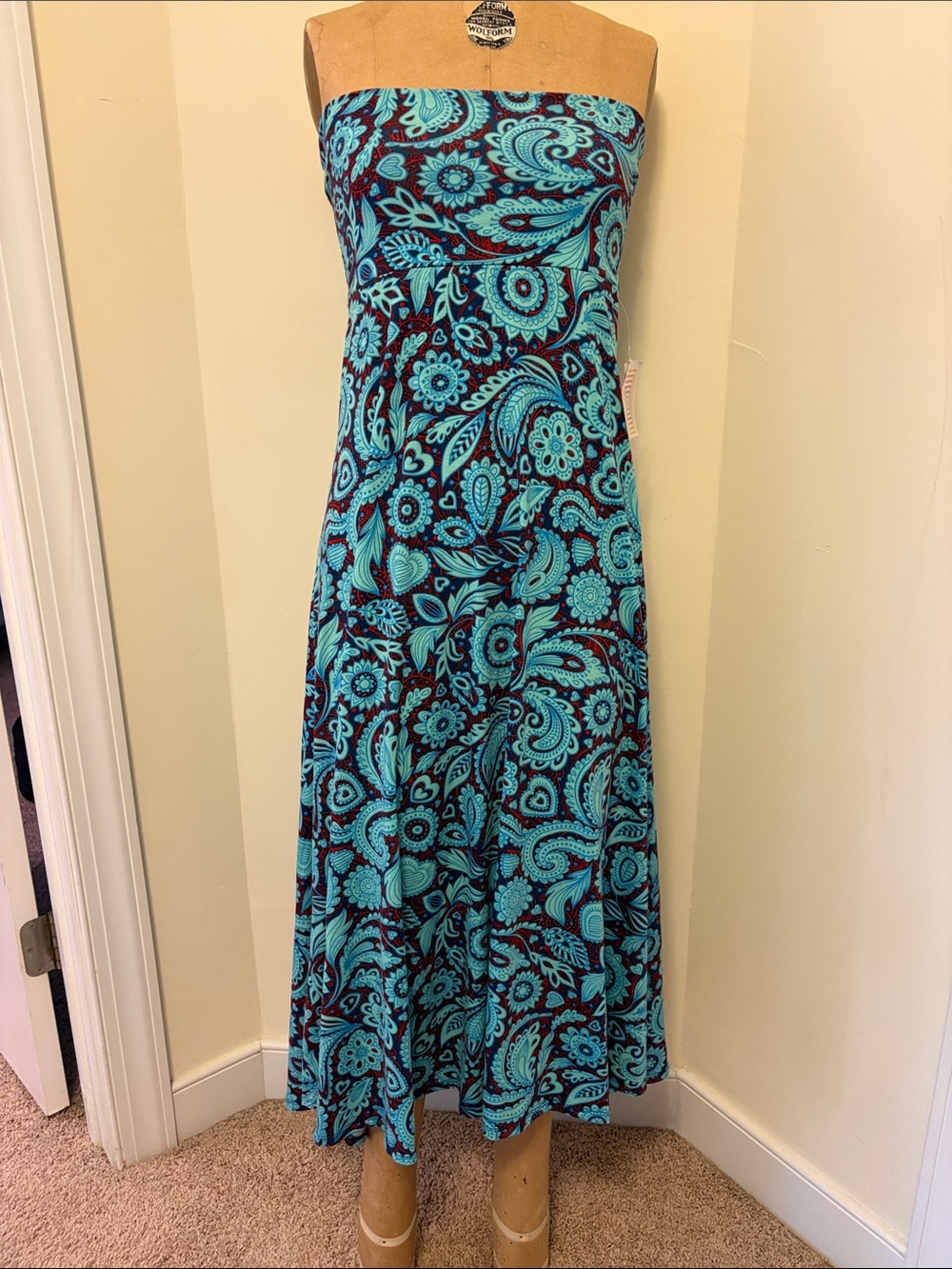 LuLaRoe Turquoise and Navy Paisley Strapless Maxi Dress
